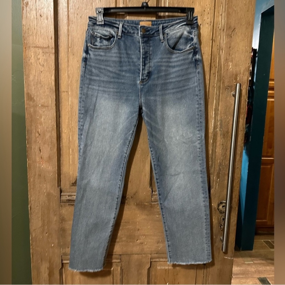DRIFTWOOD Meg medium-wash cropped fray hem loose cut button-fly jeans sz 31